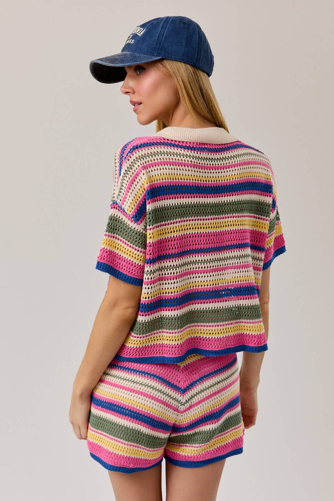 Multi Stripe Crochet Button Down Top