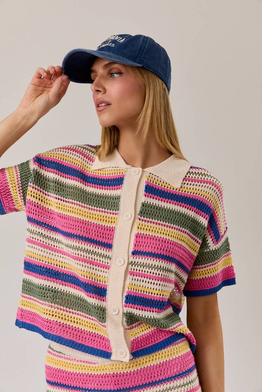 Multi Stripe Crochet Button Down Top